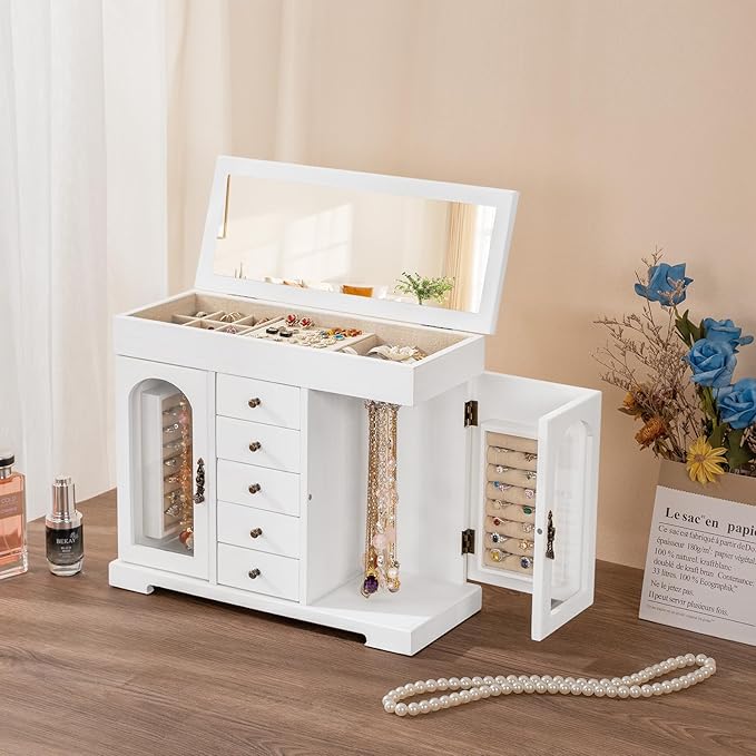 Miratino Jewelry Box for Women Girls, Wooden Jewelry Organizer Box with Mirror, 5 Layer Jewelry Storage Case Display for Neck