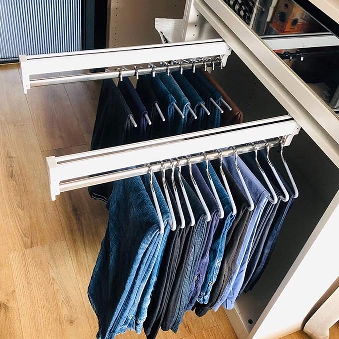 Pull Out Trousers Rack, Pull Out Clothes Rail, Extendable Closet Rod, Wardrobe Organizer, Load 35kg for Wardrobe Closet Jeans