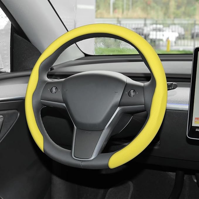 Frani Nappa Leather Steering Wheel Cover,Universal Fit 15 Inch-Premium Non-Slip Breathable Comfort Grip for Cars Trucks SUVs,Anti-Slip Durable Interior Upgrade Lemon Yellow