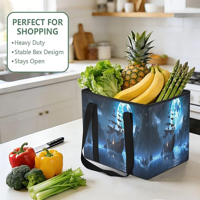 Pirate Ship Reusable Grocery Bags Large Shopping Tote Bag with Reinforced Bottom Board, Water Resistant Foldable Storage Bags
