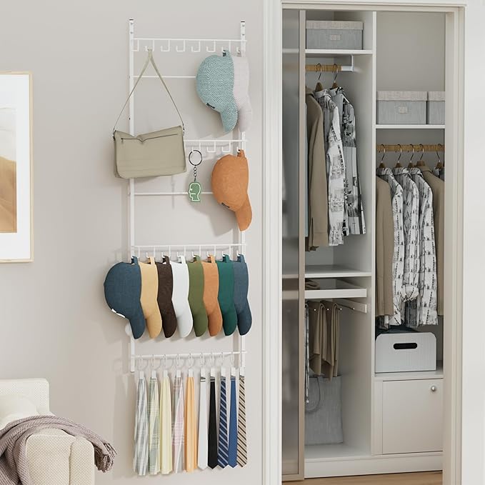 HapiRm Over Door Hat Organizer - 4 Tier Wall Mounted Hat Rack with 24 Hooks and 10 Movable Clips, Hanging Baseball Cap Organi