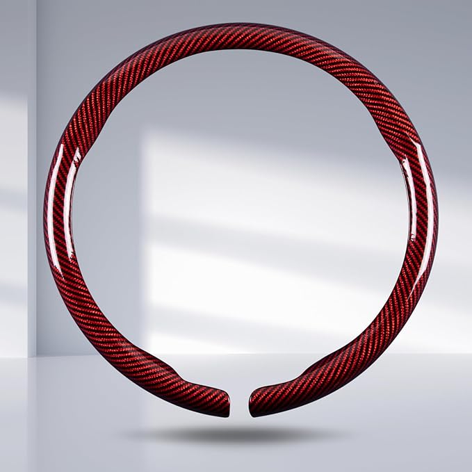 Car Steering Wheel Cover Carbon Fiber Snap On Steering Wheel Accessories Wrap 14.5-15 inch Universal Grip Anti-Skid Protector, Glossy Red