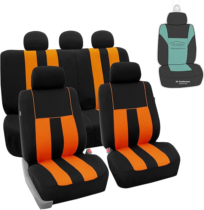 FH Group Orange Polyester Car Seat Covers - Full Set with Front and Rear Seat Cover, Universal Fit, Striking Striped Design, 