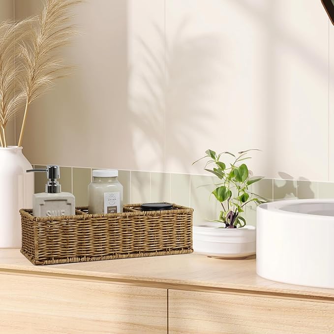 Waterproof Wicker Basket With 3 Compartments, Hand Woven Bathroom Counter Organizer, Small Storage Basket for Toilet Paper St