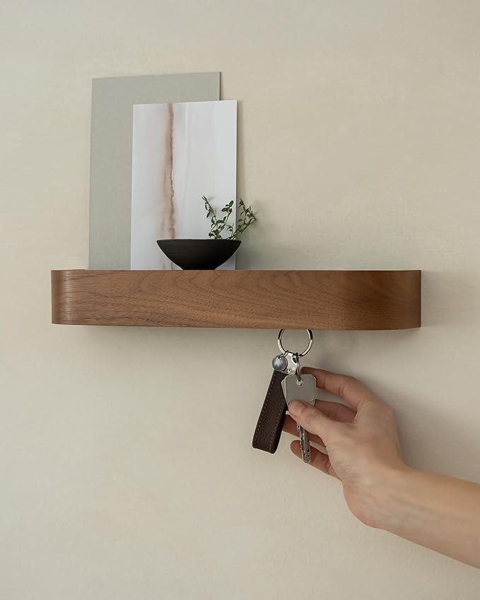Kazai. Key Holder 'Toke' | Minimalist Key Hook Design from Berlin | Modern Key Holder Wall Mount with Wooden Shelf | Key Rack