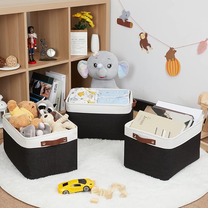 HNZIGE Large Storage Baskets (3 Pack) - Fabric Bins with Leather Handles, Foldable for Organizing Clothes, Toys (Black & Whit