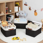 HNZIGE Large Storage Baskets (3 Pack) - Fabric Bins with Leather Handles, Foldable for Organizing Clothes, Toys (Black & Whit