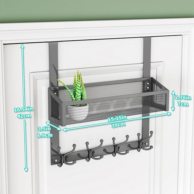 HapiRm Over The Door Hooks - Easy Installation Door Hanger with Basket and 16 Hooks, 304 Stainless Steel Storage Organizer fo