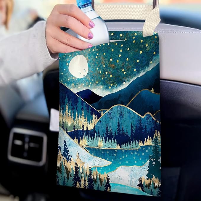 Car Trash Bag Hanging No Snap Small Garbage Bag for Car Back Seat Cute Printed One-handed Strap Trash Bags Car Accessories-Mountain Moon Lake Car Trash Bags