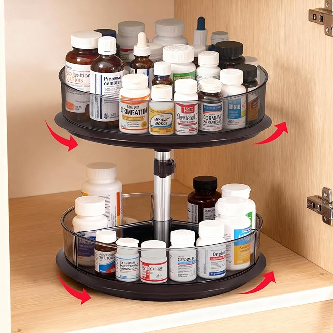 2 Tier Medicine Cabinet Organizer, Rotary Turntable Organizer for Medicine and Vitamin Bottles, Under Sink Organizer for Medi