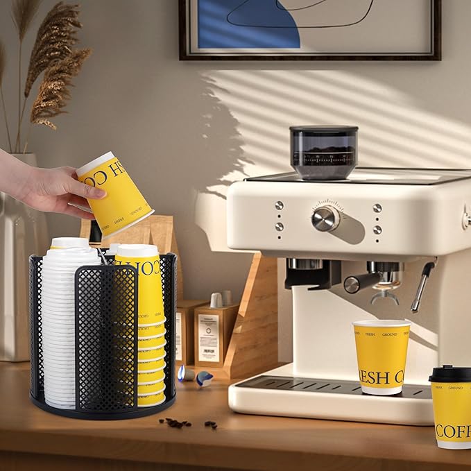 4-Compartment Rotating Paper Cup Holder & Coffee Cup Lid Storage Dispenser, Plastic Cup Dispenser Removable, Space-Saving Cou