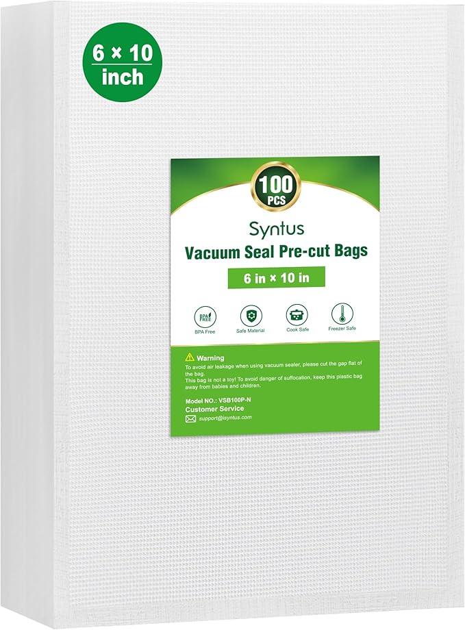 Syntus Vacuum Sealer Bags for Food, 100 Count Pint 6" x 10" Commercial Grade PreCut Bag, BPA Free Food Vac Bags for Storage, 