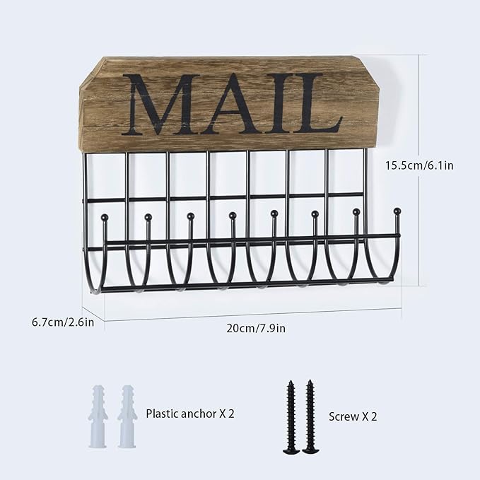 SRIWATANA Rustic Mail Holder Organizer, Key Holder Wall Mount Mail Sorter for Hallway Foyer and Home Decoration - Carbonized 