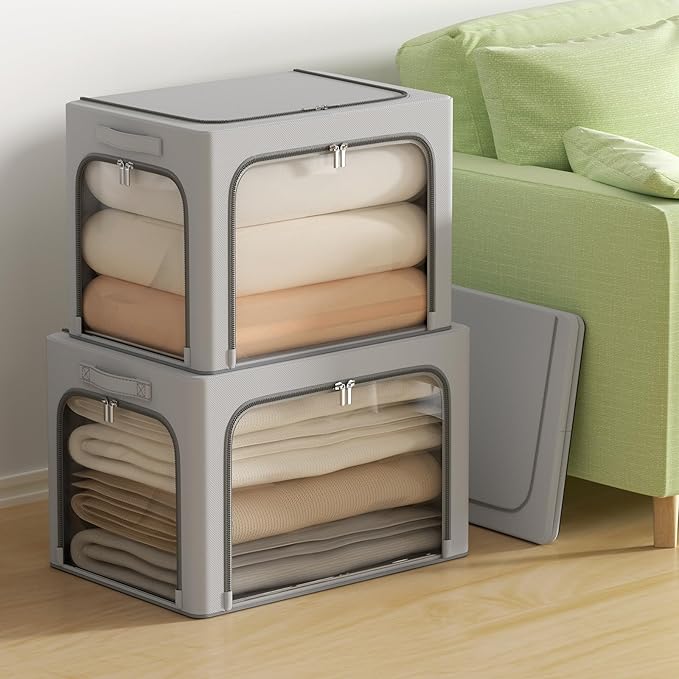 3Pack Clothes Storage Bins - Oxford Frame Storage Box Foldable Stackable Storage Organizer with 3 Openings Design, Metal Fram
