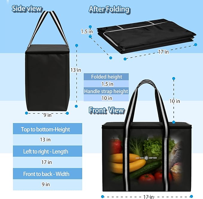 Insulated Reusable Grocery Bag - Zippered Cooler Tote Extra Large Thermal Shopping Bag for Groceries Frozen or Hot Food