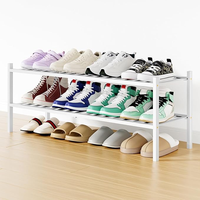 Smiry Shoe Rack, 2 Tier Long Bamboo Shoe Organizer, Stackable Free Standing Wooden Shoe Storage Shelf for Closet, Entryway, F