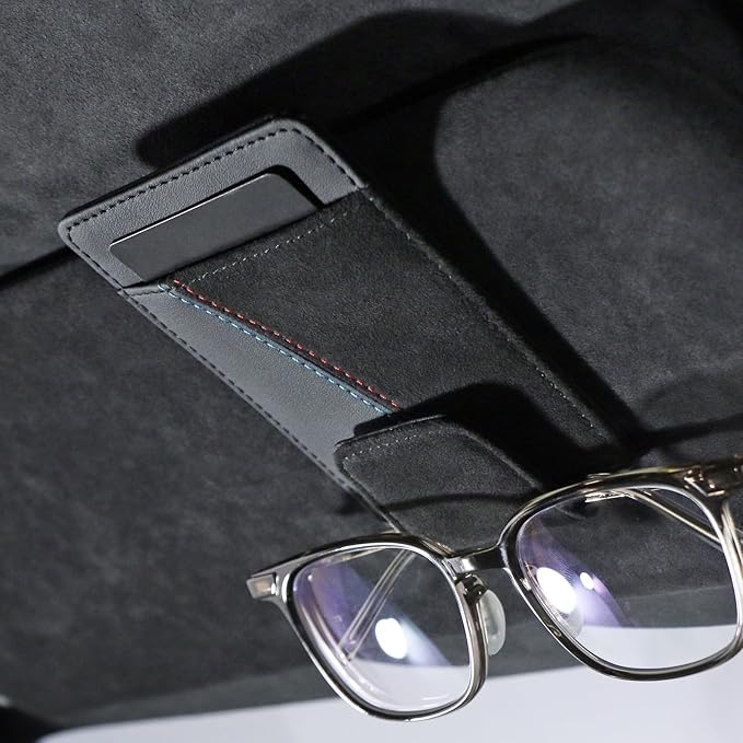 BETTERHUMZ Sunglasses Holder For Car Visor Compatible with BMW X5 X6 X7 4 5 6 7 Series for Alcantara Glasses Holders Cowhide Eyeglasses Card Case Clip Interior Accessories (with Cowhide)