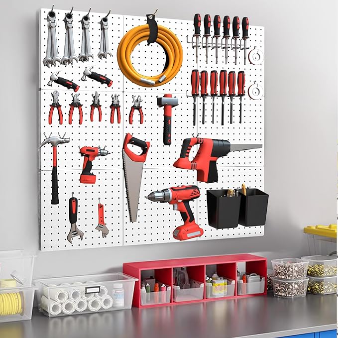 FZK Peg Board, 74PCS Metal Pegboard Wall Organizer Kit. Heavy Duty Pegboard, White Pegboard for Garage Craft Room Workbench O