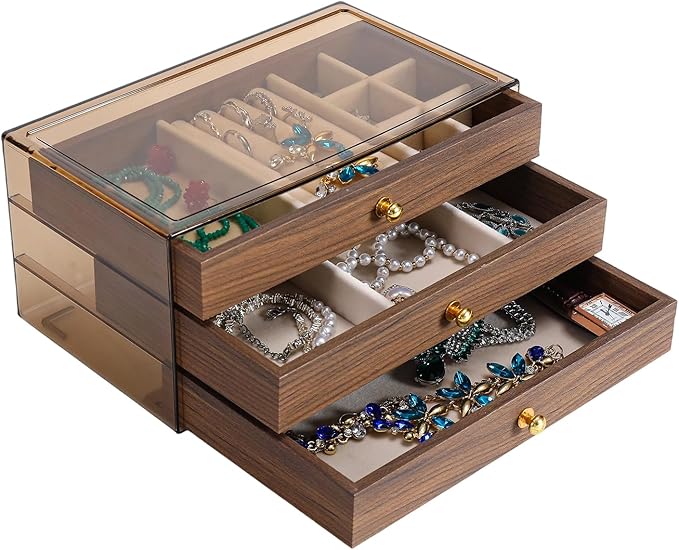CLUQMEIK 3 Layer Acrylic Case Wooden Drawer Jewelry Organizer with Velvet Lining, Jewelry Box for Women and Girls to Store Ri