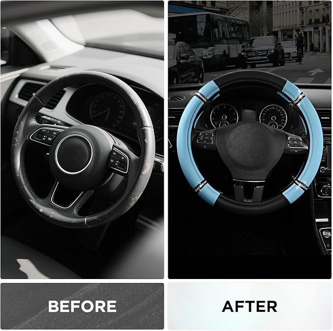 Road Comfort Leather Steering Wheel Cover – Premium Anti-Slip Car Steering Wheel Grip Cover – Universal Fit for 14.5”–15.5” C