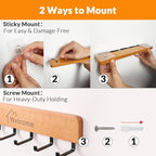 SCUNDA Wooden Key Holder with Metal Hooks,No Drill Adhesive & Screws, Wall Mount Entryway Organizer for Keys, Coats, Hats, Ru