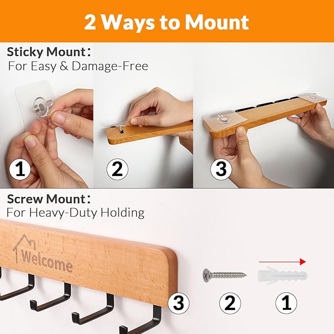 SCUNDA Wooden Key Holder with Metal Hooks,No Drill Adhesive & Screws, Wall Mount Entryway Organizer for Keys, Coats, Hats, Ru
