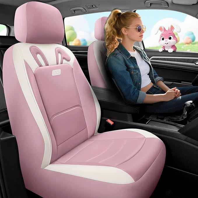 PIC AUTO Car Seat Covers, Cute Rabbit Premium Pink Leather Seat Covers, Universal Fit Front Seat Covers for Cars, Trucks, SUV