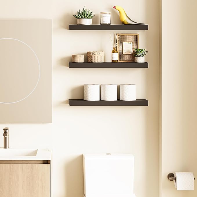 Ballucci Floating Shelves for Wall, 24" Wood Wall Mount Shelf Set of 3, Invisible Brackets Floating Shelf for Decor Living Ro