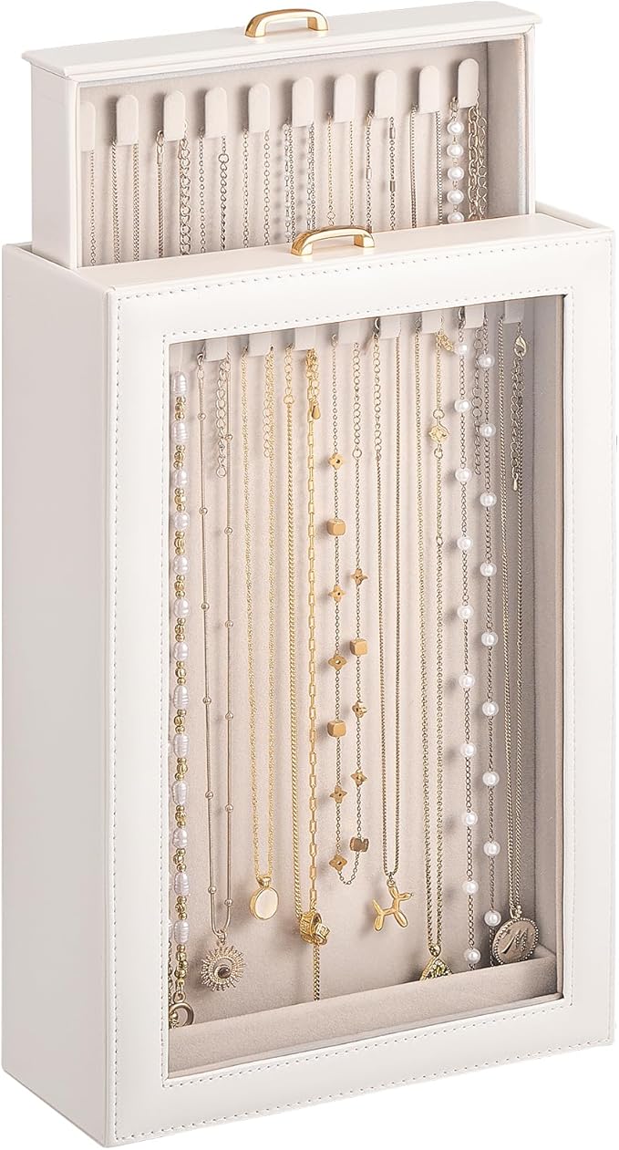 Lolalet Necklace Organizer Box, Jewelry Storage Box with Clear Window for Necklaces Bracelets, Tangle-Free Necklace Display C