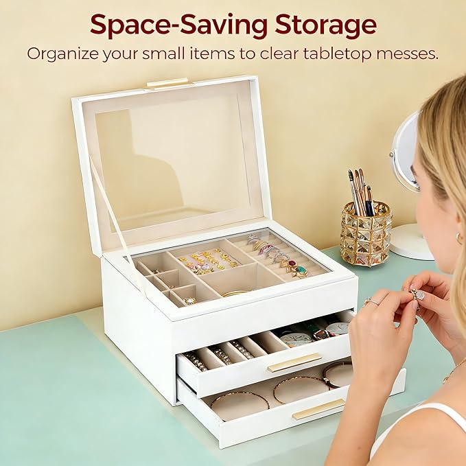Jewelry Box for Women, 3-Layer Jewelry Box, Jewelry Organizer with Clear Glass Lid and Drawers, Jewelry Organizers and Storag
