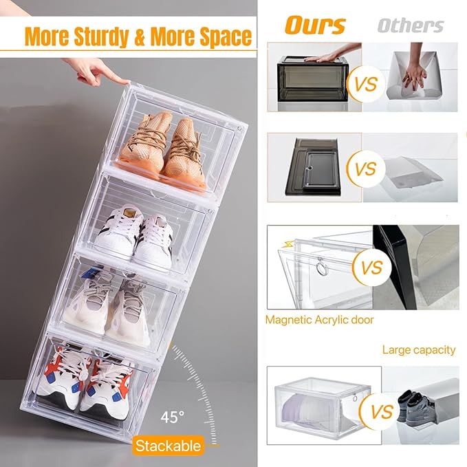 Attelite Shoe Box Organizer,Set of 6,Stackable Plastic Shoe Box with Clear Door, Shoe Storage Box Containers,For Display Snea