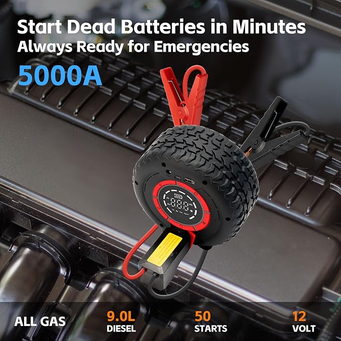 Jump Starter with Air Compressor, 5000A 150PSI Car Battery Jump Starter (All Gas/9.0L Diesel), 12V Jump Box Car Battery