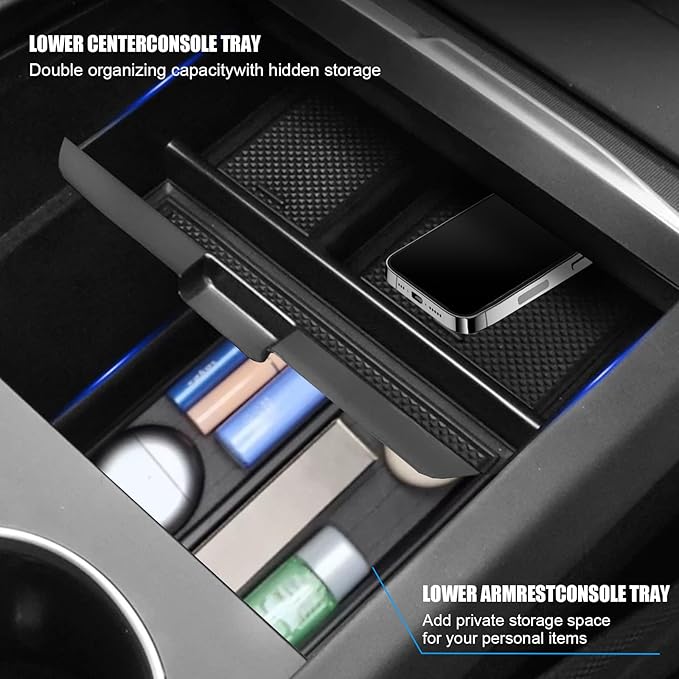 10PCS Center Console Organizer Tray for 2024 2025 2026 Tesla Model 3 Accessories, Armrest Hidden Storage Box Cup Holder Charger Pad for Model 3 Highland