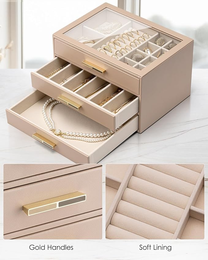 VLANDO 3 Layer Jewelry Box for Women, Mothers Day Gifts for Women, Glass Lid Jewelry Organizer with 3 Drawers for Necklaces R