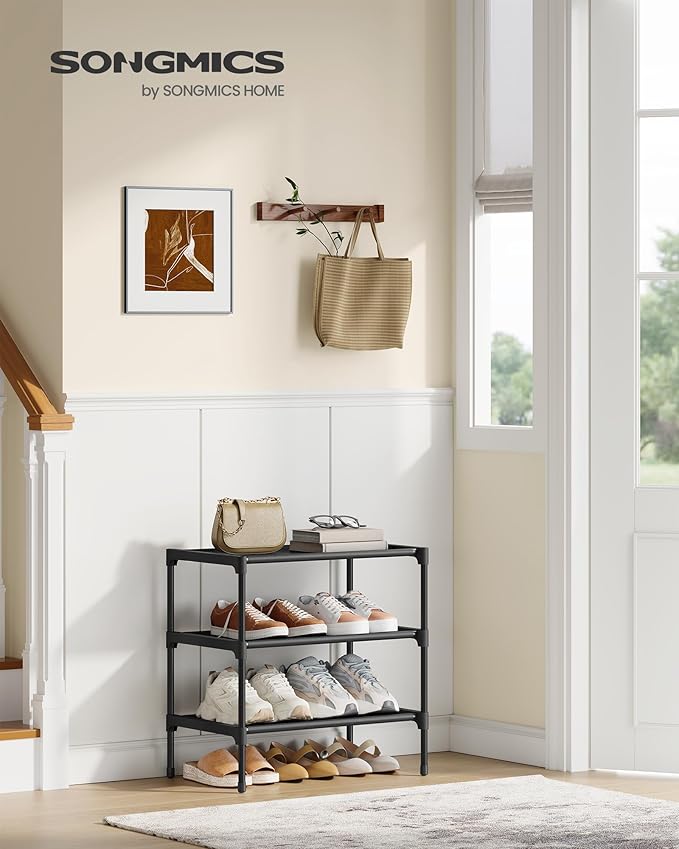 SONGMICS Shoe Rack, 3-Tier Shoe Storage Organizer, Space-Saving, 11.7 x 16.5 x 19.1 Inches, Entryway, Metal Frame, Non-Woven 
