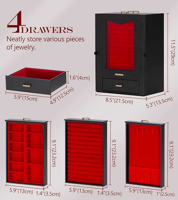 Homde Jewelry Organizer with Transparent Window Necklace Hooks Gift for Women Jewelry Box Display Case for Necklaces Rings Ea