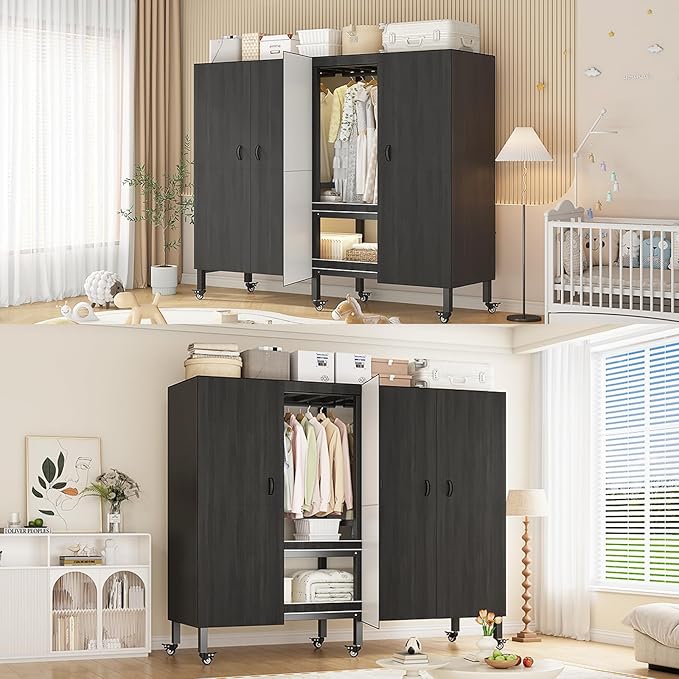 Heavy Duty Covered Clothes Rack with Magnetic Door Foldable Portable Wardrobe Closet for Hanging Clothing Rolling Black Metal