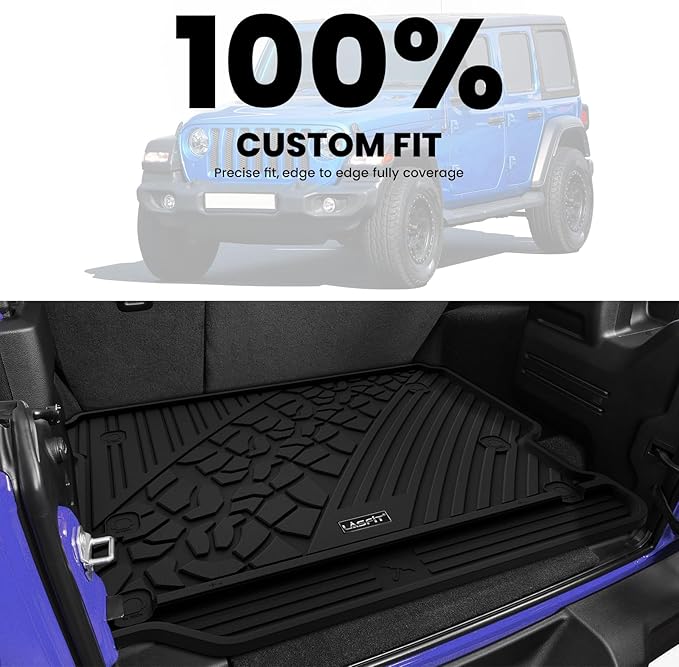 LASFIT Trunk Mat for Jeep Wrangler JL 2018-2025 2026 4 Door Cargo Without SUBWOOFER, All Weather TPE Custom Fit Cargo Mat for Flat Load Floor Gas Type (Not for JK/Not PHEV/Not 2-Door), Black