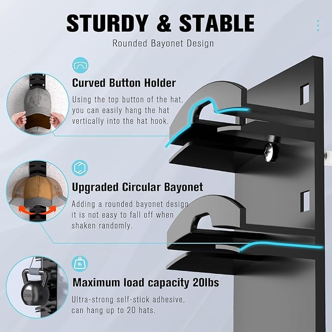 Hat Hook for Wall, 2 Pack Hat Organizer Hold up to 20 Hats, Hat Rack for Wall with Strong Adhesive, Hat Rack for Door Closet,
