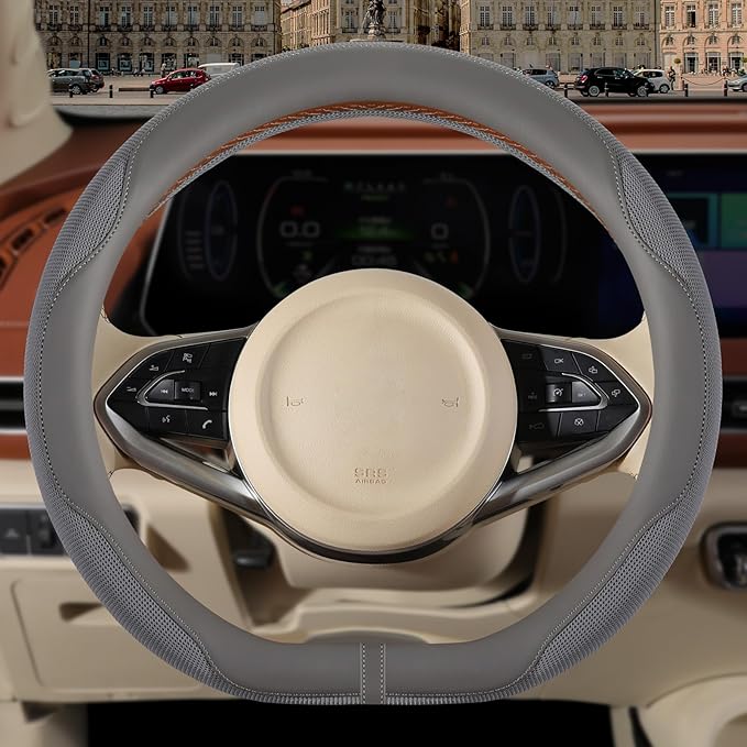 Nappa Leather Gray D Shape Steering Wheel Cover, Advanced Microfiber Leather Non-Slip Breathable Fabric, Warm in Winter and C