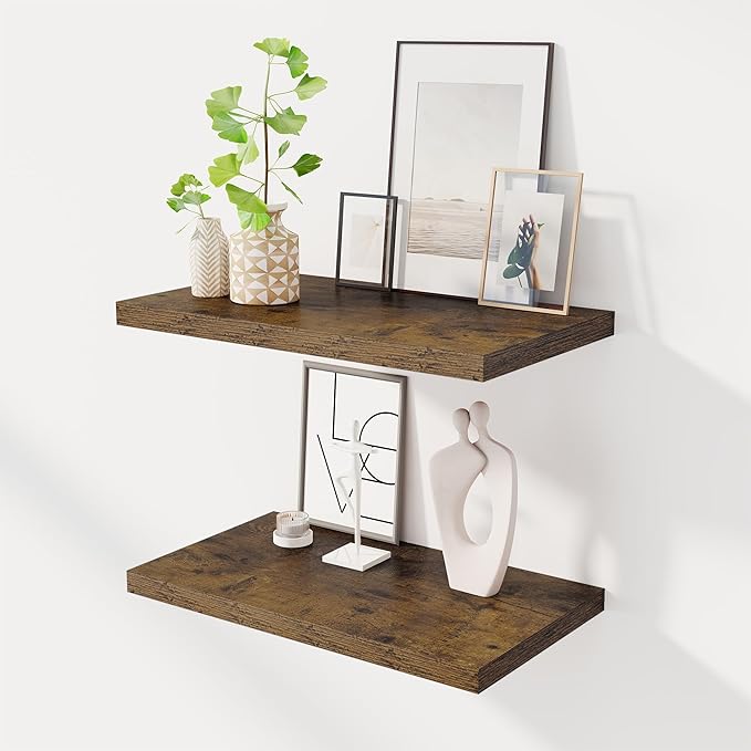 Dreamland 24" Floating Shelves for Wall, 12" Deep Slim Rustic Brown Floating Shelves, Wall-Mounted Shelves for Bedroom, Livin