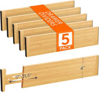 Lifewit 4" High 5 Pack Bamboo Drawer Dividers 43-54cm/17-21.5" Adjustable Wooden Drawer Organizer for Clothes/Utensils, Expan