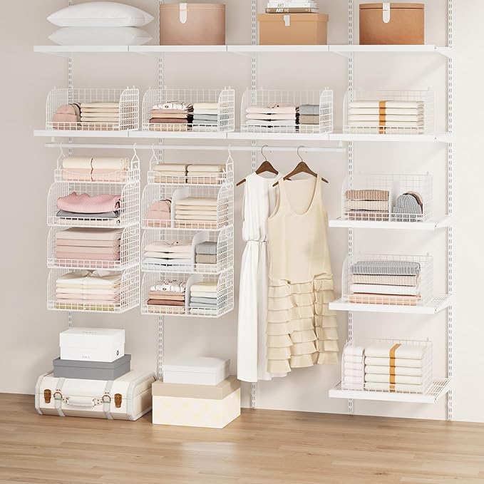 SWTYMIKI Hanging Closet Organizer Storage - 4 Tier Metal Stackable Hanging Closet Shelves with Dividers and S Hooks, Foldable