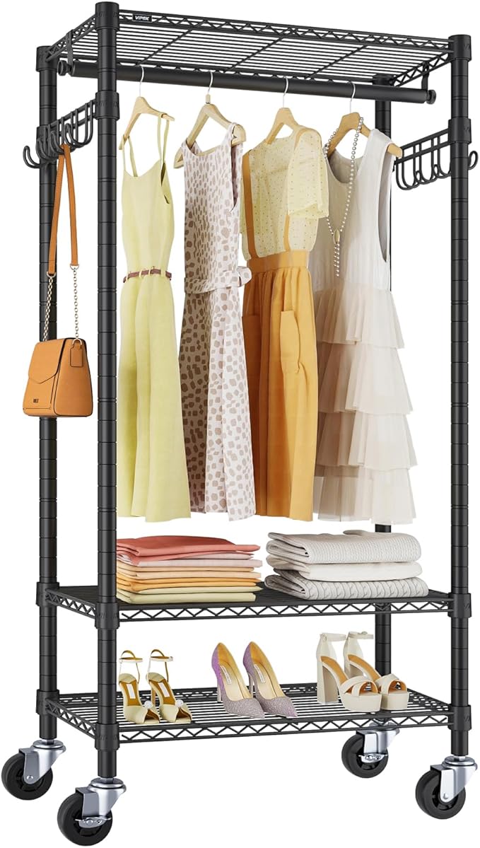 VIPEK R3 Medium Rolling Clothes Racks with Lockable Wheels, Heavy Duty Garment Rack with Adjustable Shelves & Hanging Rod & S