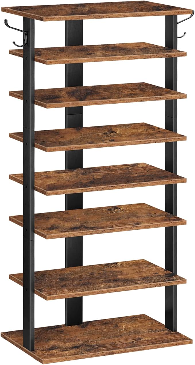 HOOBRO 8 Tiers Vertical Shoe Rack, Wooden Shoe Storage Organizer with Hooks, Narrow Shoe Tower for 16 Pairs, Space Saving, fo