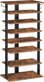 HOOBRO 8 Tiers Vertical Shoe Rack, Wooden Shoe Storage Organizer with Hooks, Narrow Shoe Tower for 16 Pairs, Space Saving, fo