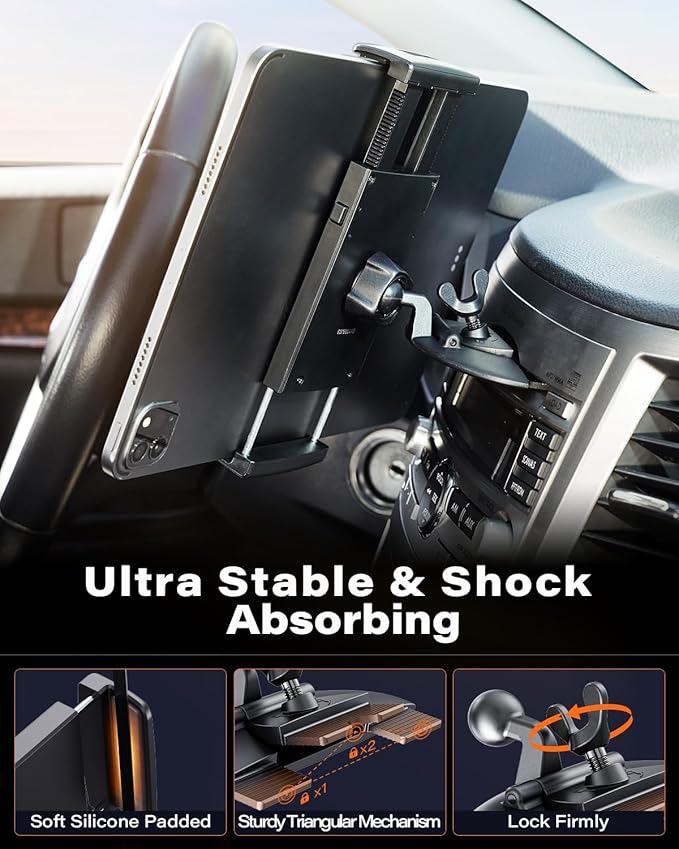 APPS2Car for Sturdy iPad Holder for Car CD Slot Tablet Mount, 2-in-1 Universal 4.7-11" Holder for iPad Pro 11 Air Mini, iPhone, Galaxy Z Fold, Adjustable 360° Rotation, Road Trip Essentials