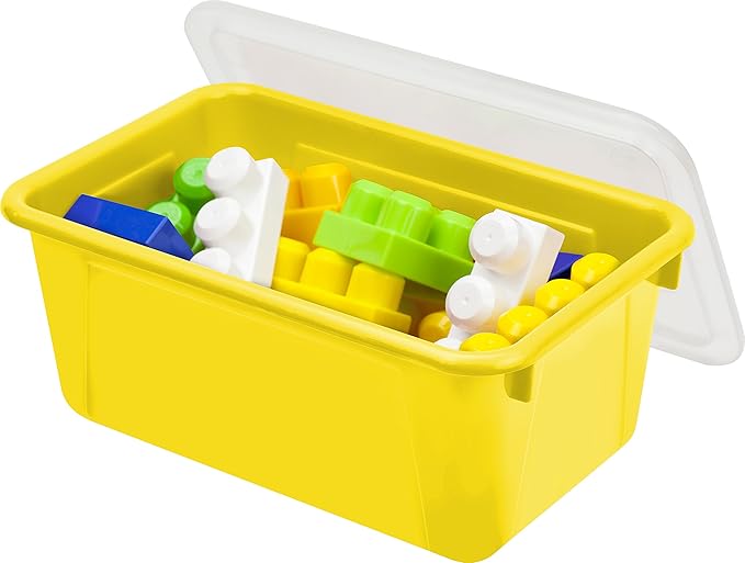 Storex Small Cubby Bins – Plastic Storage Containers for Classroom with Non-Snap Lid, 12.2 x 7.8 x 5.1 inches, Yellow, (62410