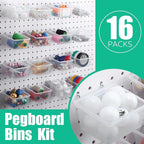 Unittype 16 Set Clear Peg Board Baskets and Bins Pegboard Baskets Organizer Accessories Peg Board Bins with Hooks Sticker Lab