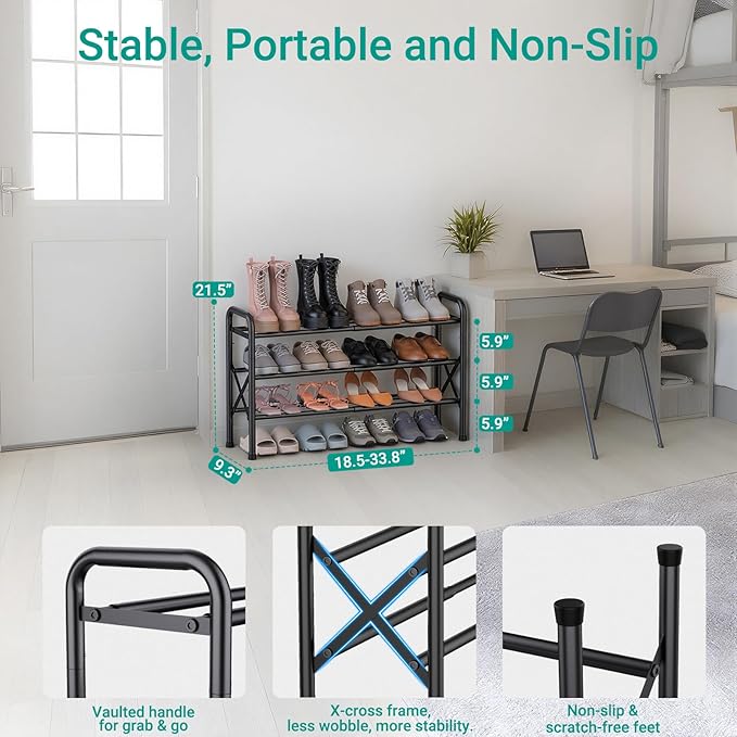 YEASHEIN 3-Tier Expandable Shoe Rack for Closet Floor, X-Frame Metal Small Shoe Rack for Entryway, Adjustable Shoe Shelf Orga
